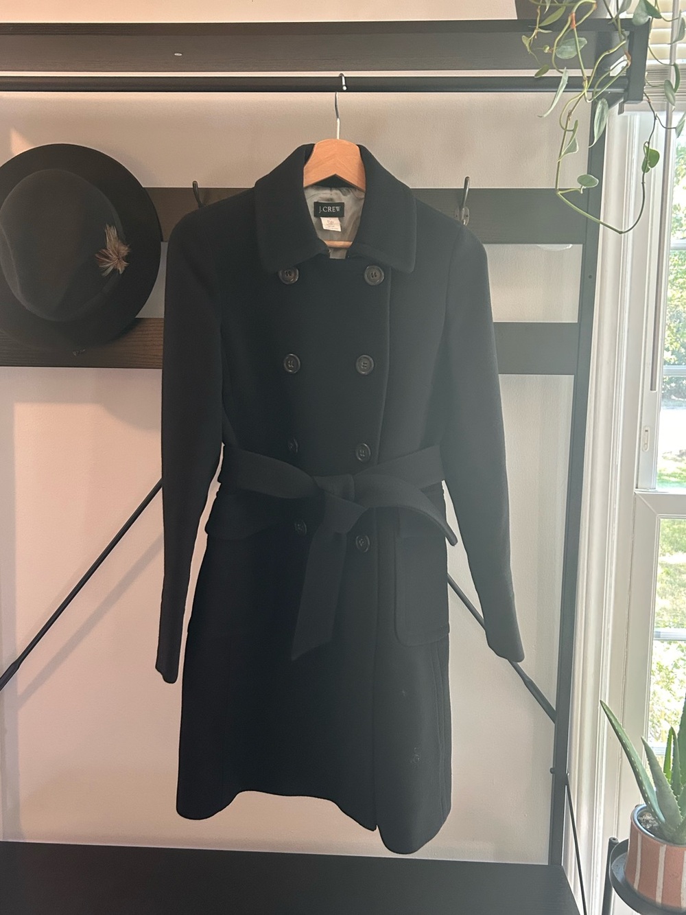 J.Crew Heavy Black - 94% Wool - Double Breasted Belted Coat - Size 0 -